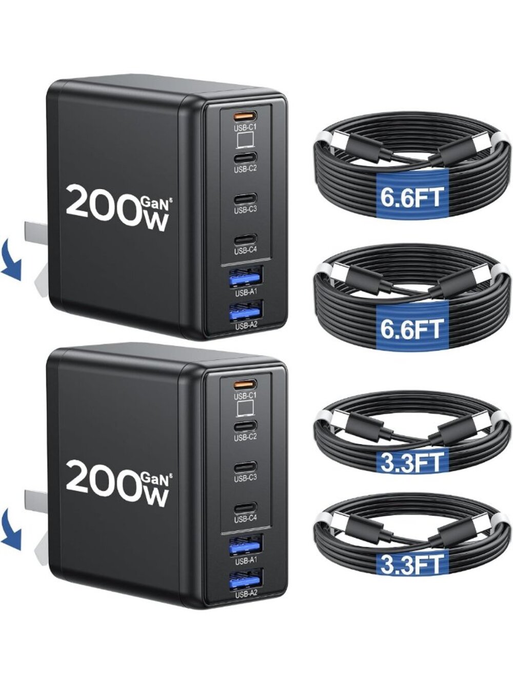2-Pack 200W USB C Charger with 4 USB Cables & 6-Port Fast Charging Station